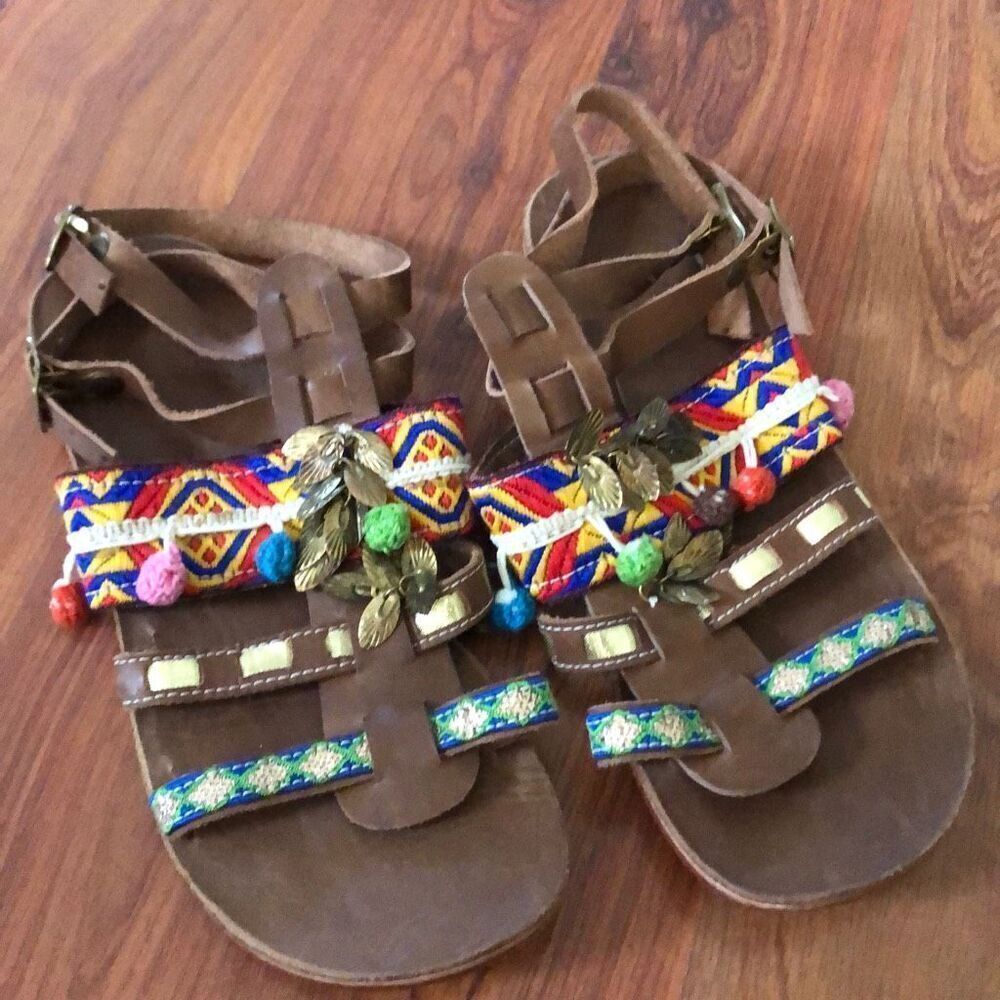 BoHo, pom-pom, handmade, sandals, leather sole ￼7